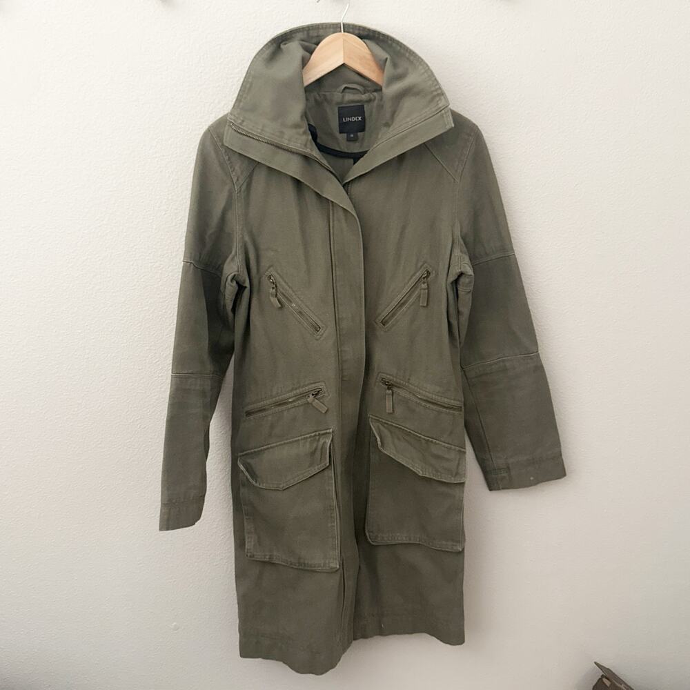 LINDEX | Khaki Green Utility Trench jacket Coat Long Line Zip Bomull Cotton | 36